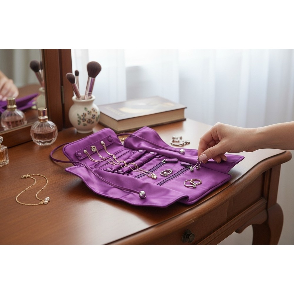 Coach Purple Satin Jewelry Travel Roll Organizer Bag Silver Hardware Logo Case